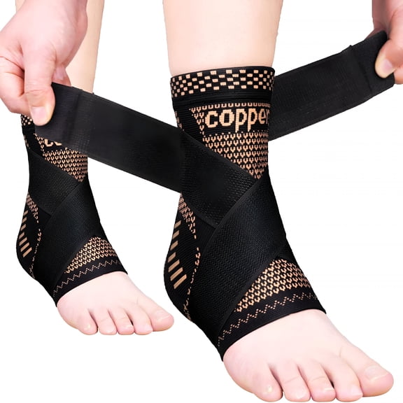 ACDANC Copper Ankle Brace Adjustable Compression Sleeve (Pair)-Ankle Support Heel Brace for Achilles Tendonitis,Plantar Fasciitis-Eases Swelling and Sprained Ankle (Large)