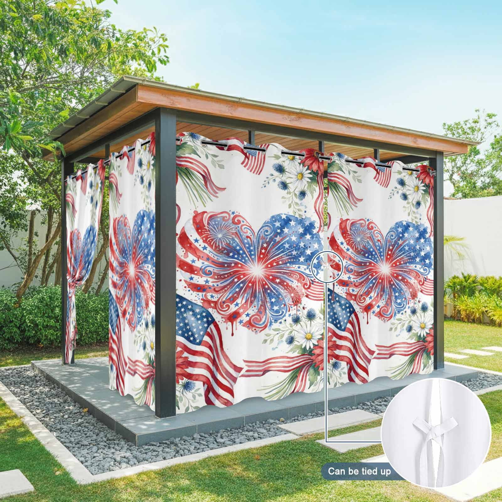 Independence Day Outdoor Curtains for Patio, Abstract American Flag Heart Red Blue Flower Daisy Sunshade Privacy Drapes Grommet Waterproof Outside Curtains for Porch/Cabana/Balcony 54"x 95", 2 Panel