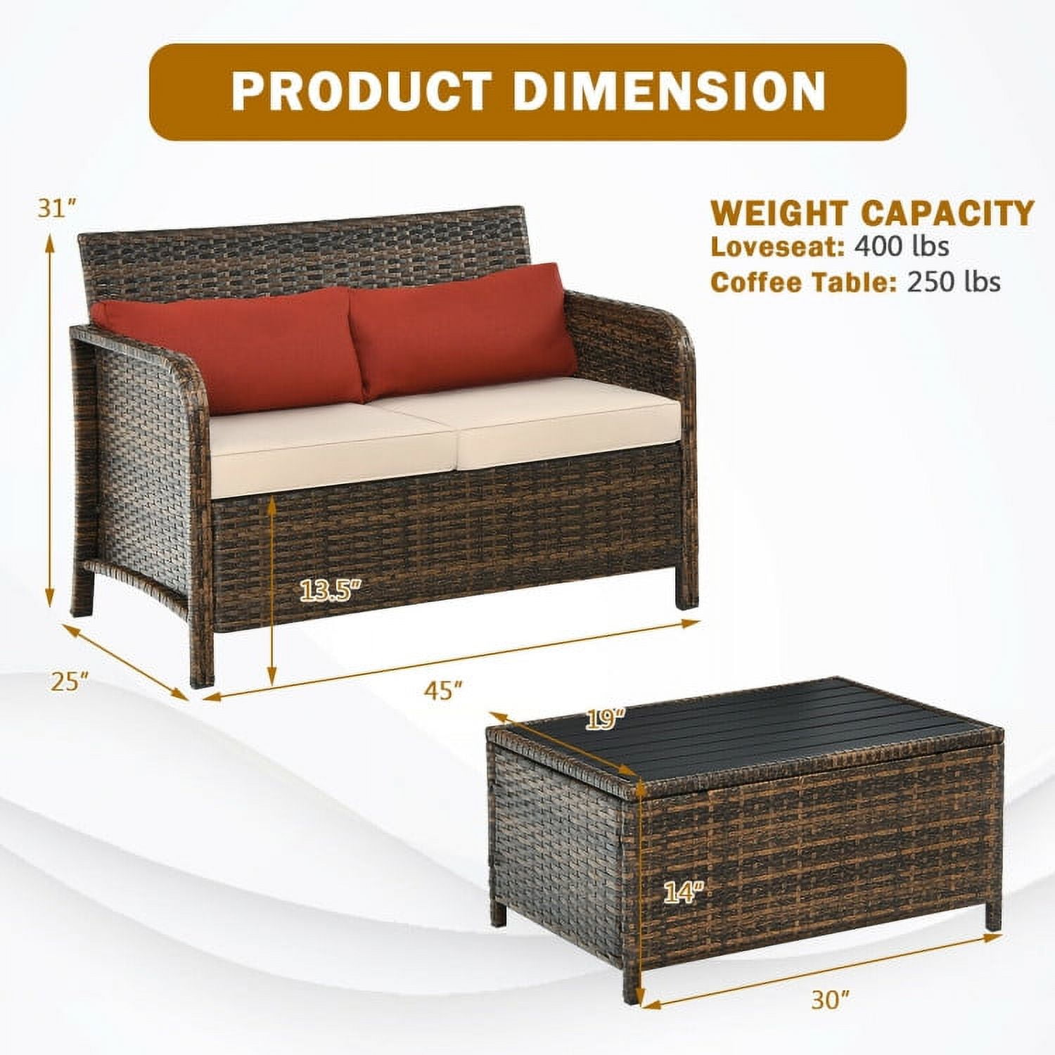 Aimee Lii 2 Pieces Cushioned Wicker Patio Furniture Set, Wicker Outdoor Sectional, Red