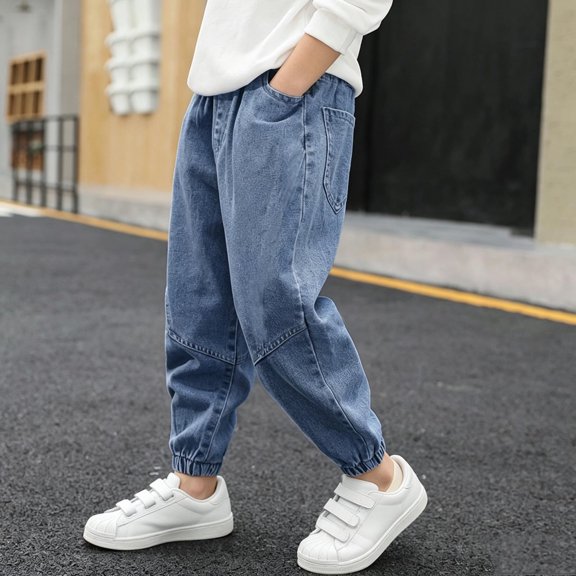 Boys' Denim Jogger Jeans, Solid Color Elastic Waist Cuffed Design, Functional Side Pockets, Loose Fit Daily Wear, Kids 2‑13 Years, Boys' Jeans Blue 12-13 Years