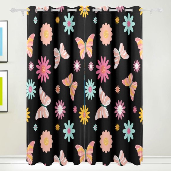 Coolnut Floral Butterfly Pattern Blackout Curtain for Bedroom, 2 Panels Thermal Insulated Blackout Drapes Long Darkening Curtains with Grommets,55"x 72"