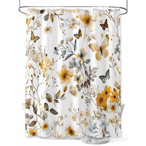Vintage Botanical Small Stall Shower Curtain, Waterproof Shower Curtains for Bathroom, Yellow Spring Floral Butterfly Washable Fabric Cloth Bath Curtain for Bathtub Decoration with Hooks 36x72 Inches