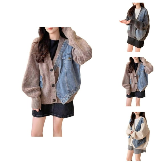 Women's Fall Cardigan Knitted Denim Patchwork Open Front Sweater Jacket Casual Long Sleeve Button Up Outwear Cardigan Sweaters for Women