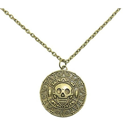 Inspired By Pirates of the Caribbean Movies Cursed Aztec Coin Medallion Necklace Skull Necklace New Version (antique brass color)