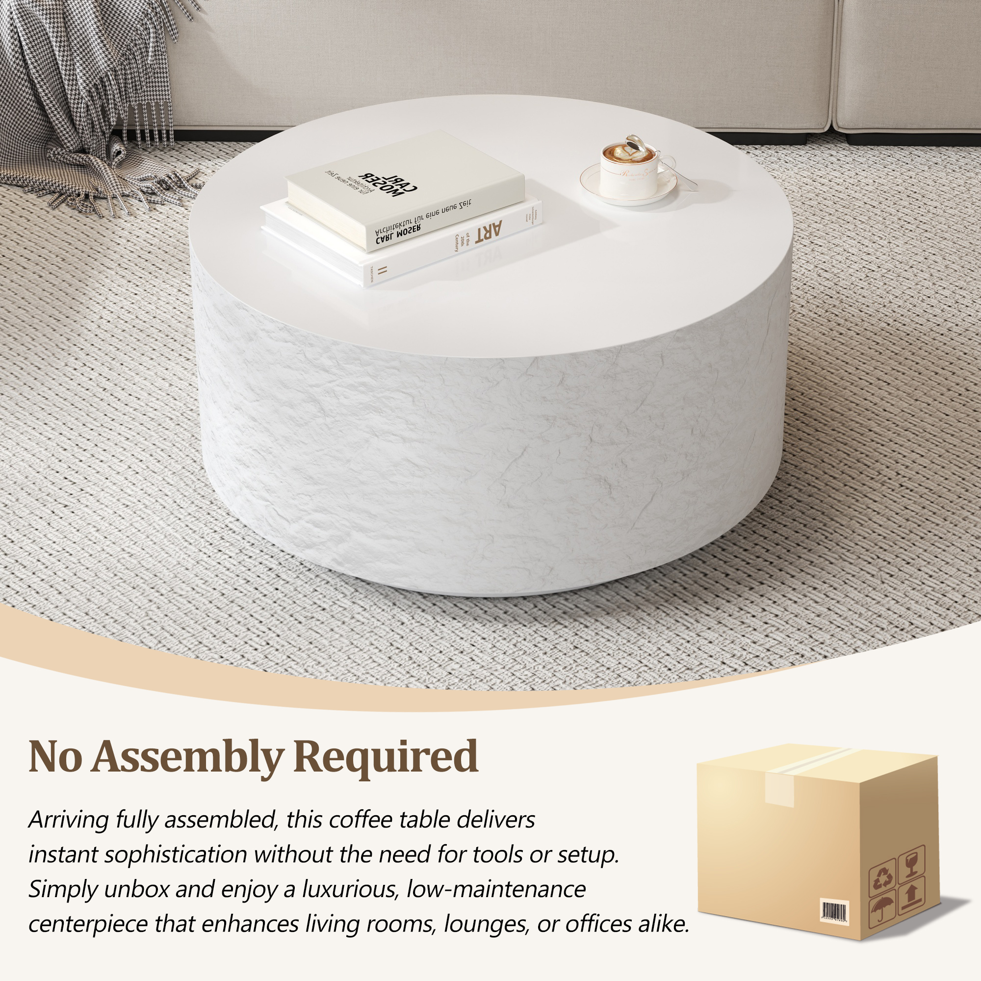 Euroco 27.5" Round Coffee Table with Imitation Stone Design, Modern Drum Center Table With Pure Smooth Tabletop, Cement Stone Pattern End Table for Living Room, Bedroom