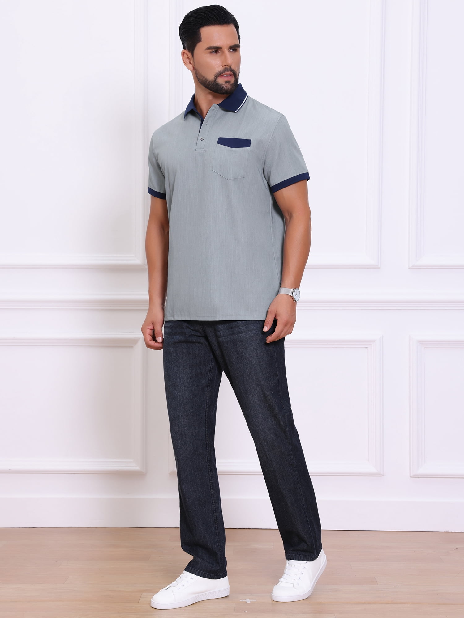 DARING DIVA Men's Short Sleeve Western Retro Stretch Color-Block Polo Shirts XL Gray