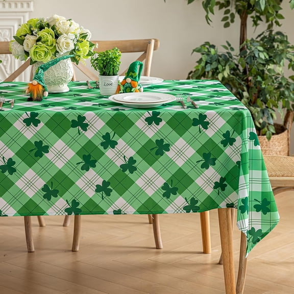 St. Patrick''s Day Tablecloth, Irish Buffalo Plaid Clover Table Cover, Green Shamrock Checkered Table Cloth, Washable Spring Rectangle Tablecloths for Party Picnic Decor, 84 x 60 Inch