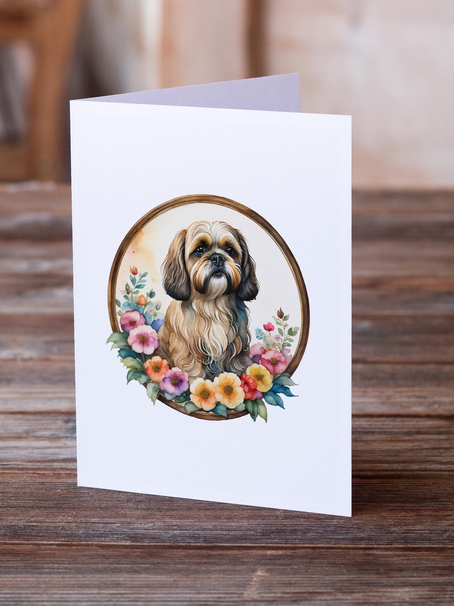 Lhasa Apso and Flowers Greeting Cards and Envelopes Pack of 8 7 in x 5 in