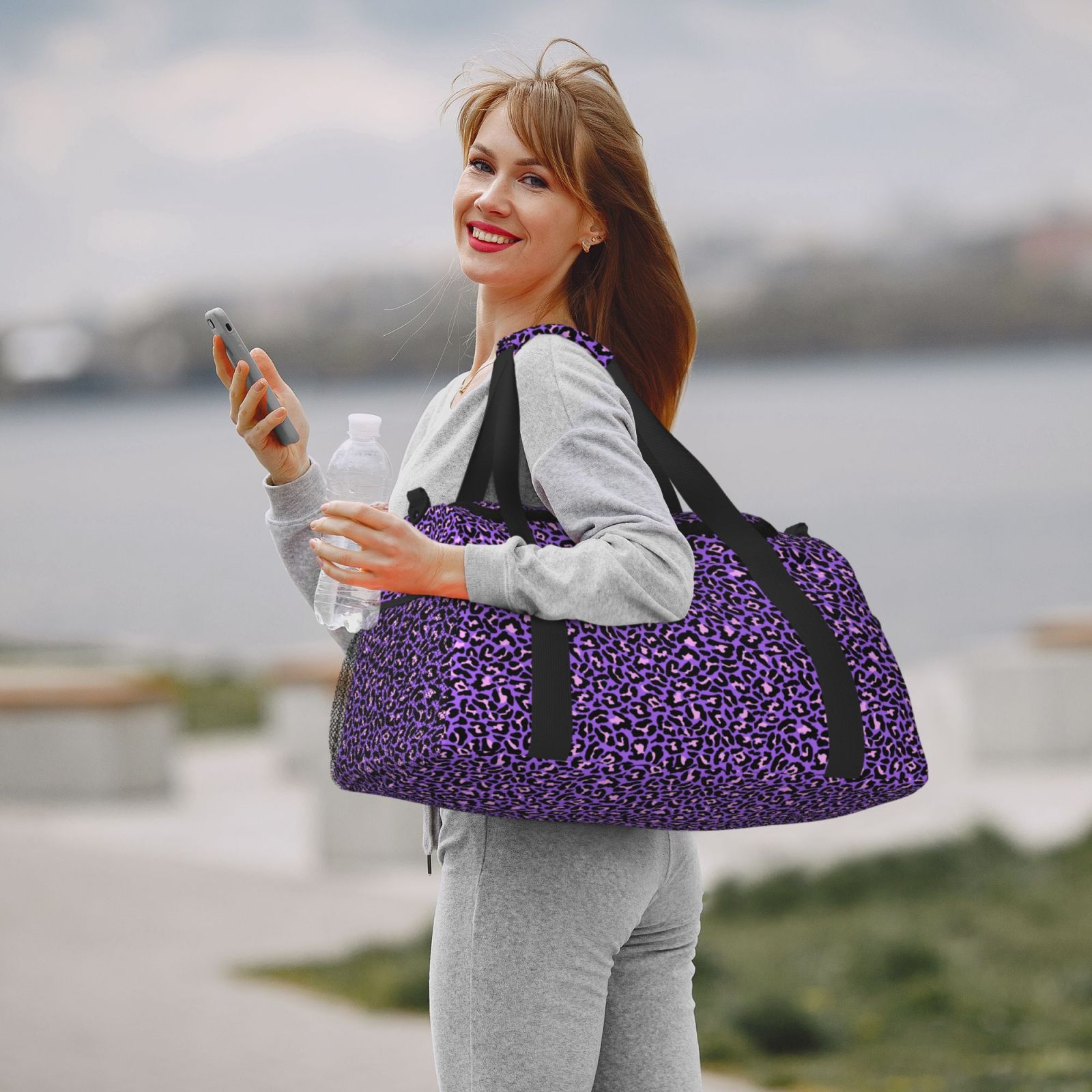 Defioc Purple Leopard Print Hand Travel Bag - Foldable Travel Duffel Bags for Men Women -Sport Gym Bag - Overnight Travel Duffel Bag - Adjustable Shoulder Strap