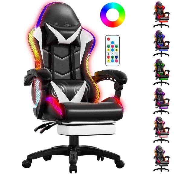 Czlolo Gaming Chair, Racing Style RGB LED Lights Gaming Chairs for Adults and Kids, Lumbar Massager Gamer Chair, High Back Reclining Computer Chair with Footrest and Headrest (Black/White)