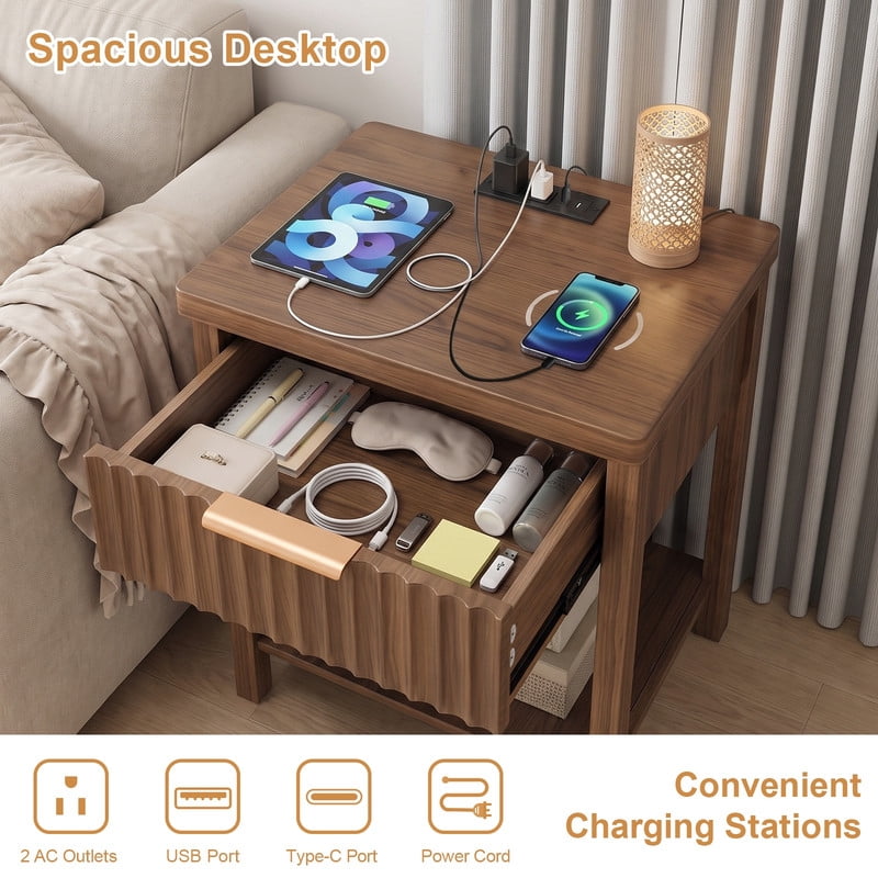 Set of 2 Mid-Century Modern Small Bedside Storage Table with Power Socket, Wood Nightstand with Open Shelf & One Drawer