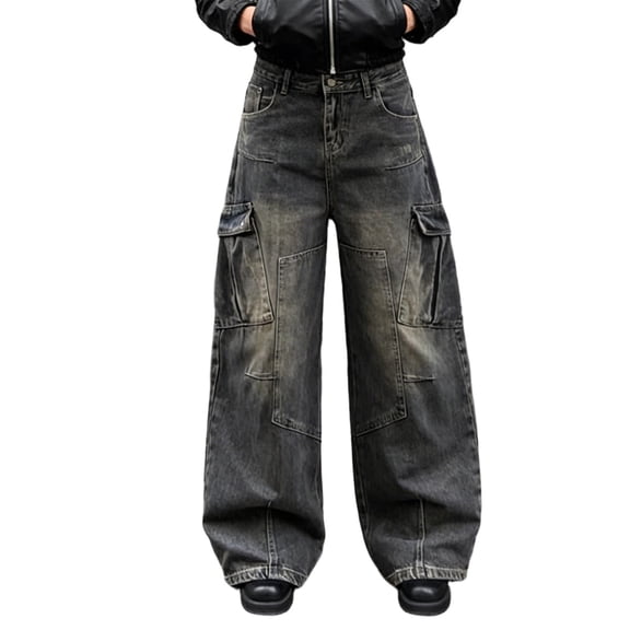 Womens Barrel Jeans Washed Distressed Wide Leg Cargo Denim Pants Loose Fit Fashion Long Trousers Baggy Barrel Pants Women Utility Style