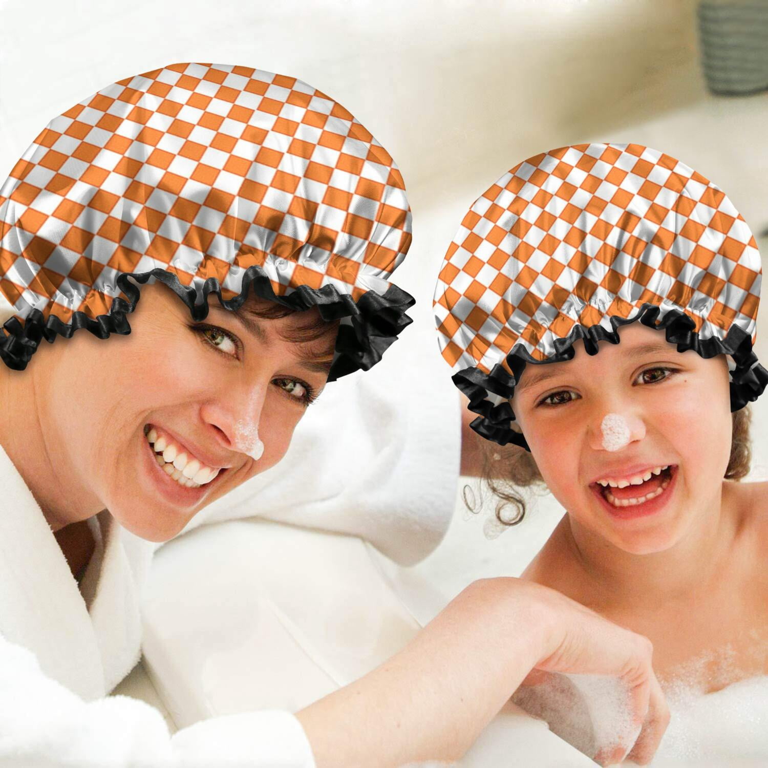 Shower Caps,Orange and White Diamond Pattern Waterproof Shower Cap for Women 4 Pieces,Double Reusable Hair Cover for Shower PEVA Elastic Stretch Hem