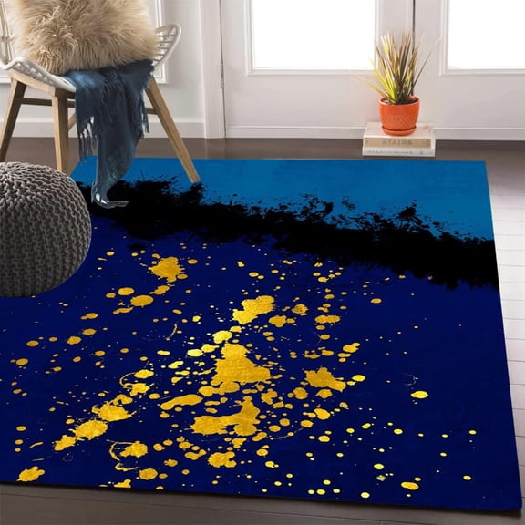 Soft Blue Gold Area Rug Modern Abstract Distressed Rug For Living Room Dinign Room Bedroom Washable Home Office Art Deco Floorcover Hallway Mat 5x7ft