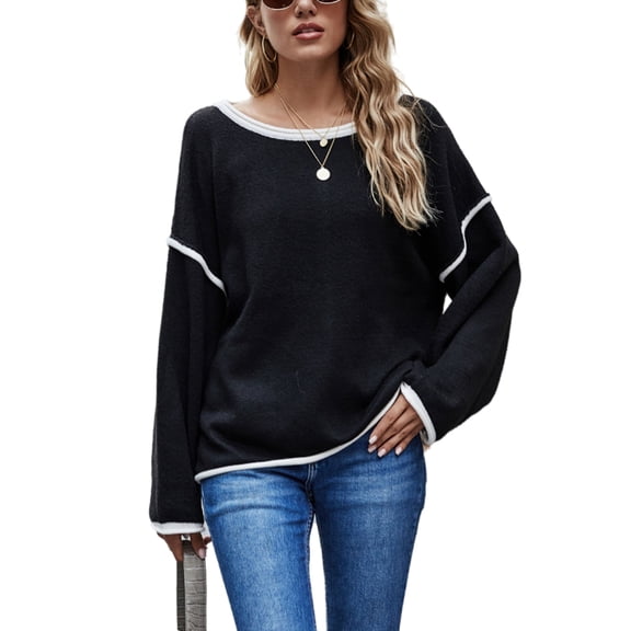 Contrast Stitching Relaxed Knit Sweater Fringe Vertical Back Taupe Top for Women Black Small