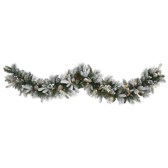 Nearly Natural W1130 6 in. Flocked Mixed Pine Artificial Christmas Garland with 50 LED Lights, Pine Cones & Berries