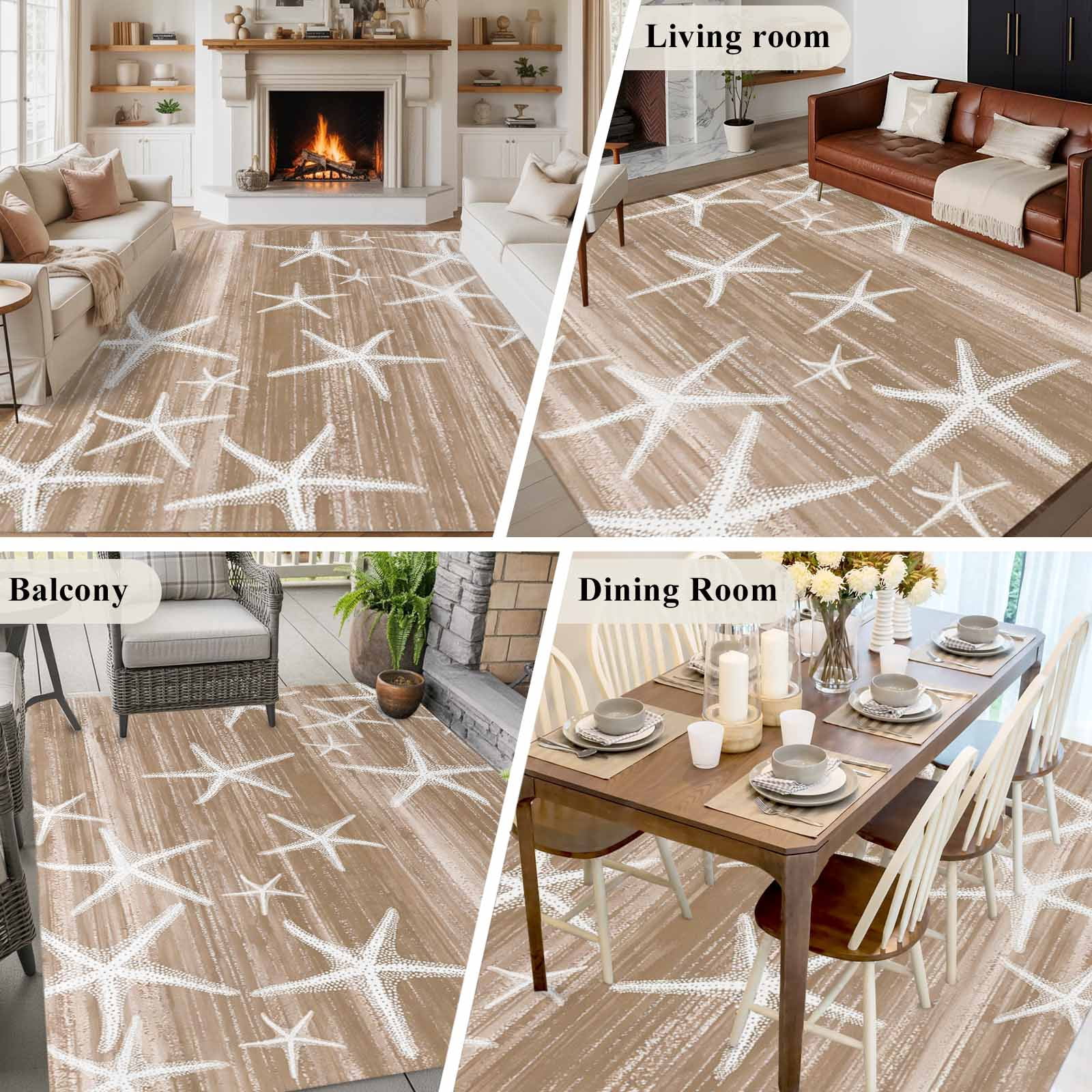 Brown Coastal Area Rugs 8'x10', Washable Small Throw Rugs for Living Room Patio, Summer Ocean Waves Ombre Sea Starfish Indoor Outdoor Rug Non-Slip Low Pile Carpet Runner Reversible Floor Mats