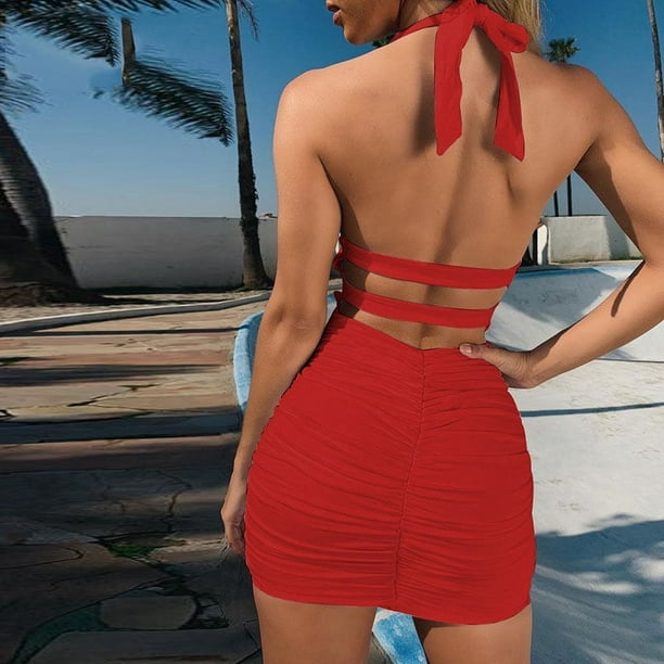 Dinheiro Vestido sexy para mujer Vestidos sexy de fiesta para mujer Vestido ajustado sin espalda rojo XL