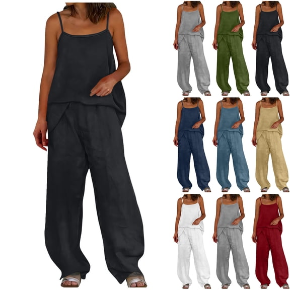 Bloomae 2 Piece Linen Sets for Women Summer Casual Sleeveless Lounge Spaghetti Strap Top Loose Wide Leg Pants with Pockets Set Trendy Vacation Beach Vacation Travel Outfits Black M