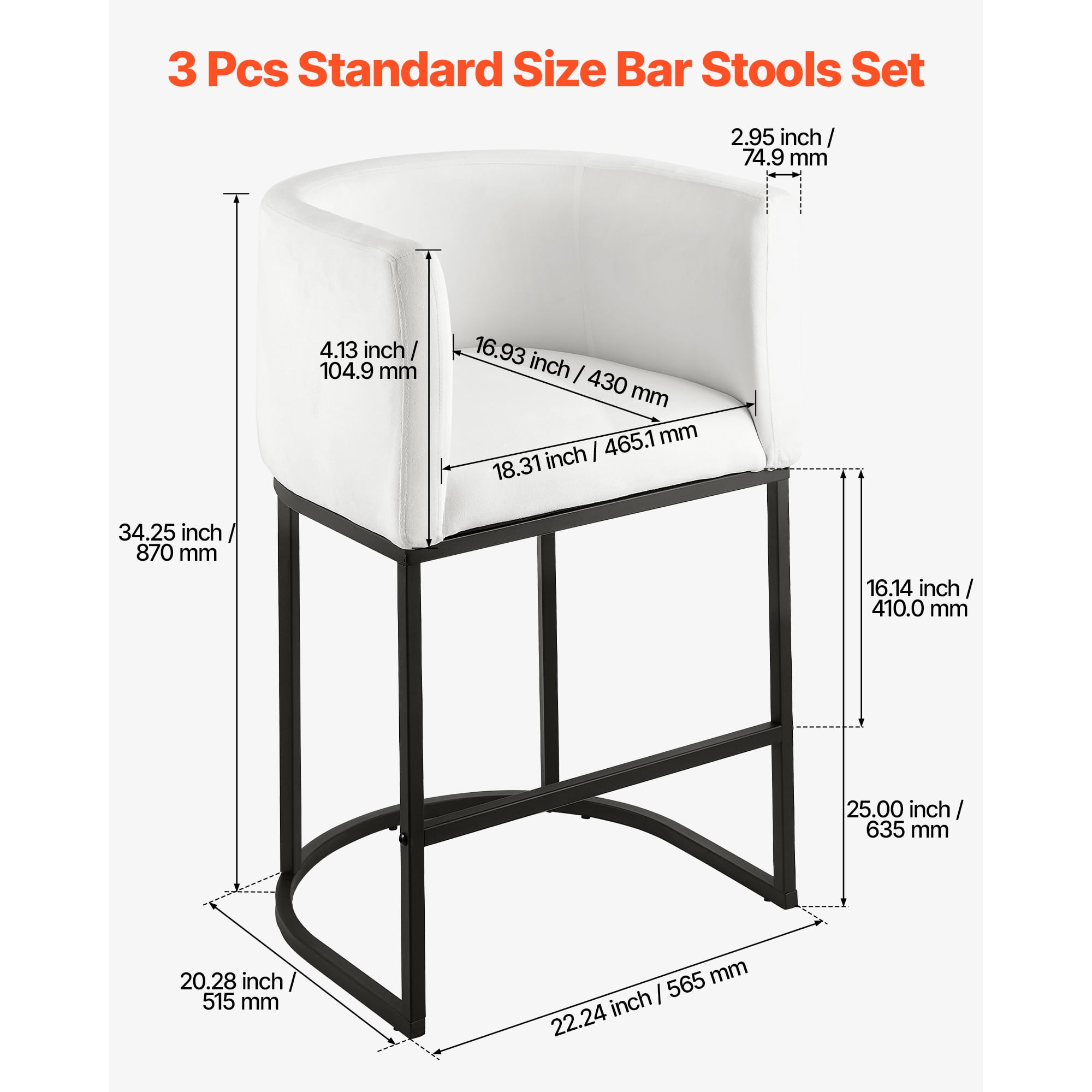 KFFKFF Set of 3 Counter Height Bar Stools, 25-inch Chairs with Backrest, Armrests, Metal Frame, and Footrest, Upholstered Fabric Seating for Kitchen or Dining Room, White