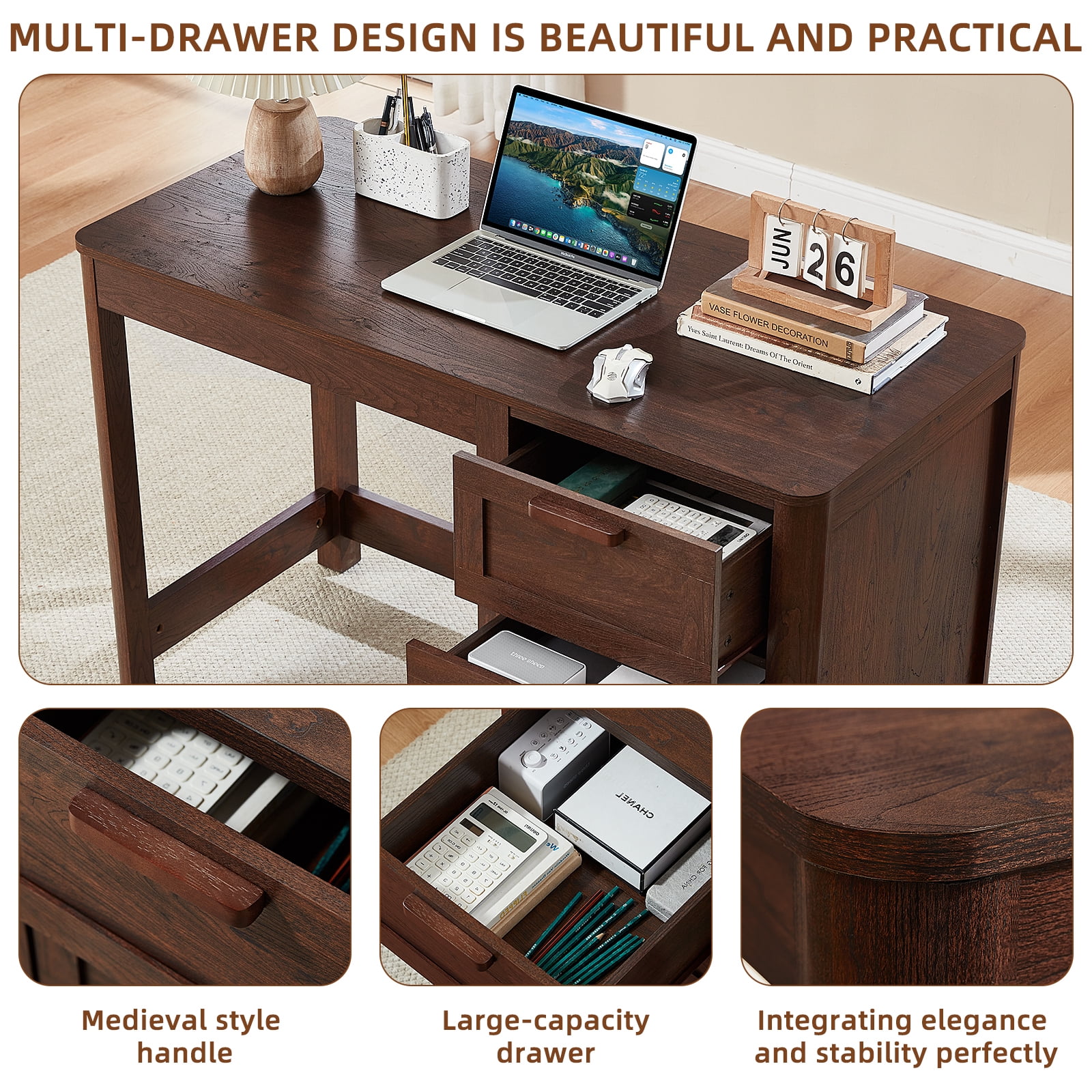 Joaxswe 48" Computer Desk with 3 Drawers, Wood Home Office Desk, Farmhouse PC Desk for Study, Bedroom, Walnut