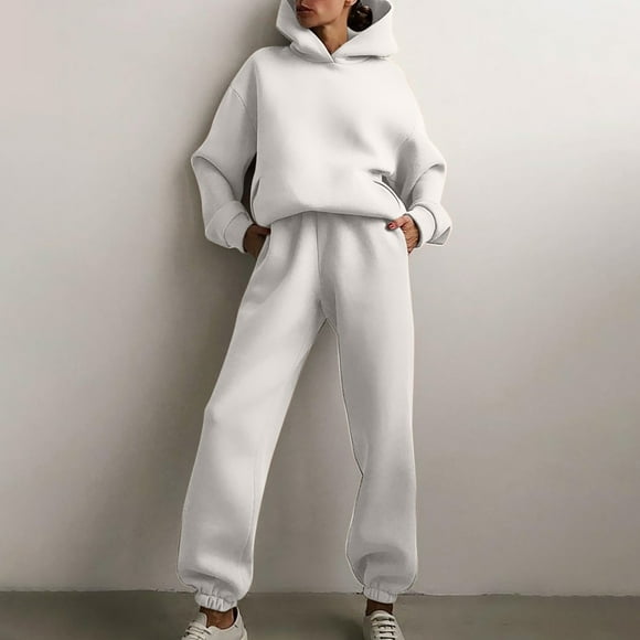 Lounge Sets For Women Clearance Women Casual Solid Color Two Piece Long Pants Hooded Pullover Long Sleeve Sweatshirts Sets White L JE