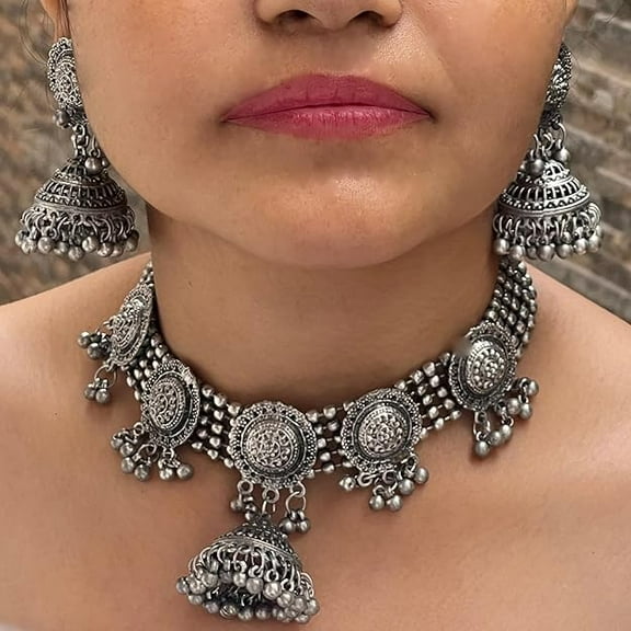 ashion Latest Stylish Design Fancy Oxidised Silver Afghani Earrings Necklace Jewellery Set for Women