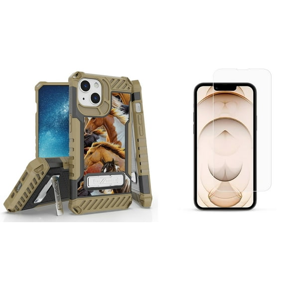 Bemz iPhone 13 Bundle: Tri Shield Shockproof Armor Rugged Case (Wild Horses), Premium Glass Screen Protectors (2-Pack)