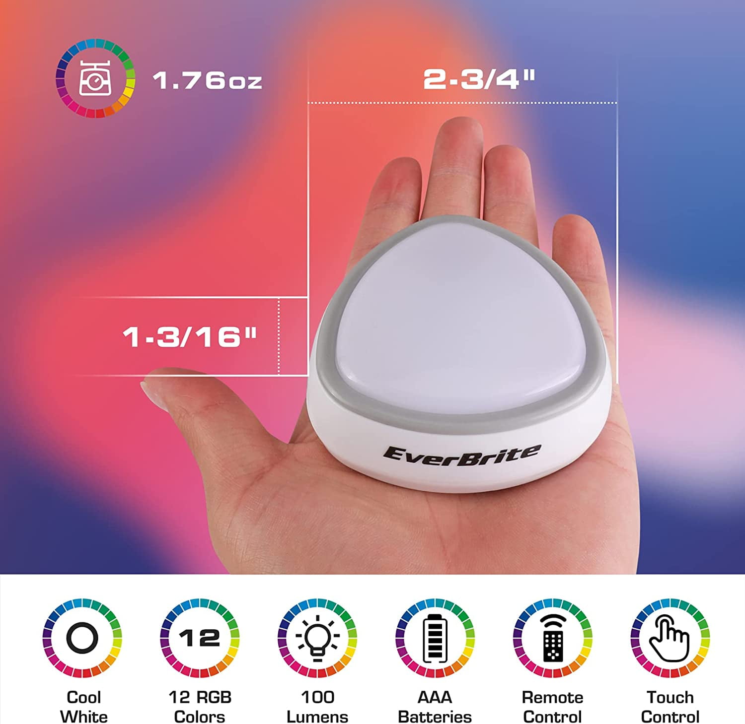 JJEAN-Tap Light, LED Puck Lights, Wireless Push Lights, Remote Controlled Closet Lights with 12 RGB Colors, Perfect for Under Cabinet, Closets, Pantry, with 18 AAA Batteries, 6-Pack