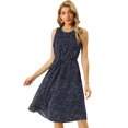 thumbnail image 1 of Vestido Allegra K A Media Pierna Sin Mangas Cuello Dividido Cintura Con Cordón Estampado Azul oscuro XS, 1 of 6