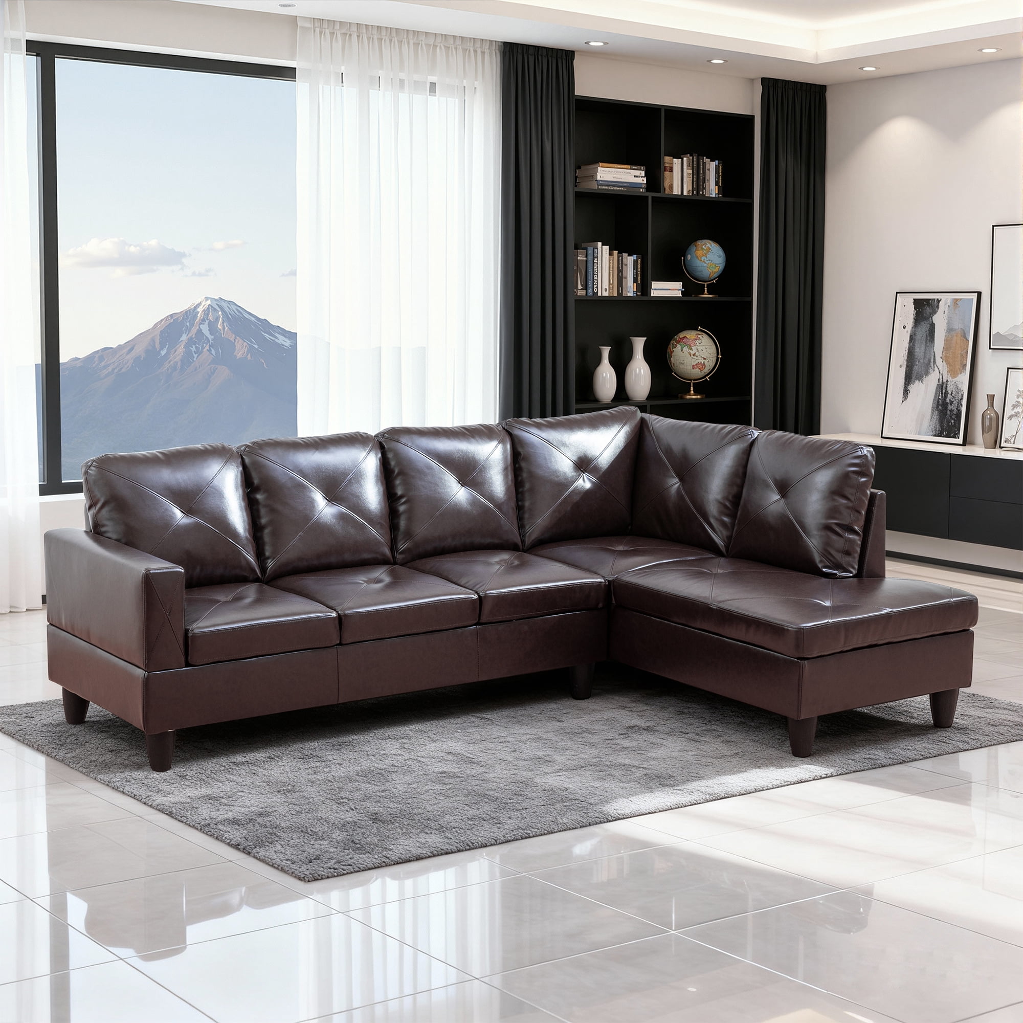 MAYEERTY 97" Faux Leather Sectional Sofa, 2-Piece Couch Living Room Sofa Set without Ottoman, Brown (Right)