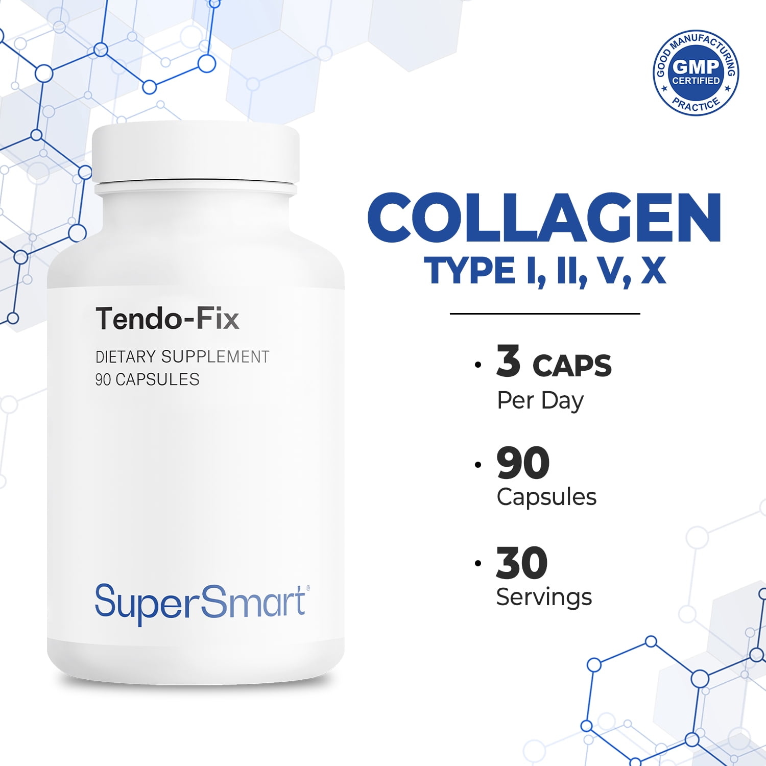 SuperSmart - Tendo-Fix 750 mg per Day - Collagen (Type I, II, V, X) | Non-GMO & Gluten Free - 90 Vegetarian Capsules