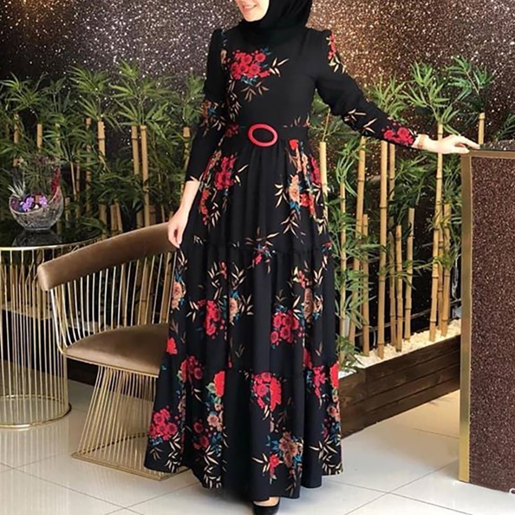 Neinkie Long Maxi Dress For Women Muslim Loose Floral Printed Robe Long Sleeve Sun Dress Summer Dresses Purple M