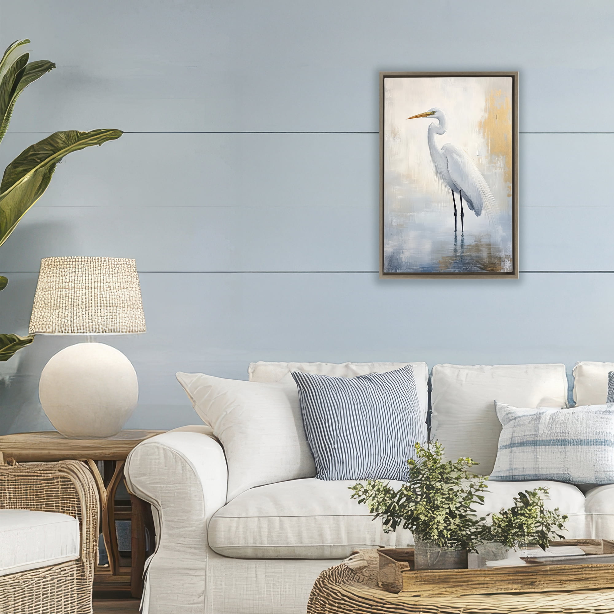 Stupell Industries Distressed Egret with Misty Reflection Brown Framed Floater Canvas Wall Art, design by Petal Prints Design