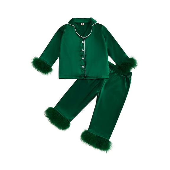 Spewahor 0-9T Little Baby Boy Girls Satin Pajama Set Fuzzy Trim Long Sleeve Button-up Tops Elastic Waist Pants 2 Piece Sleepwear Outfit