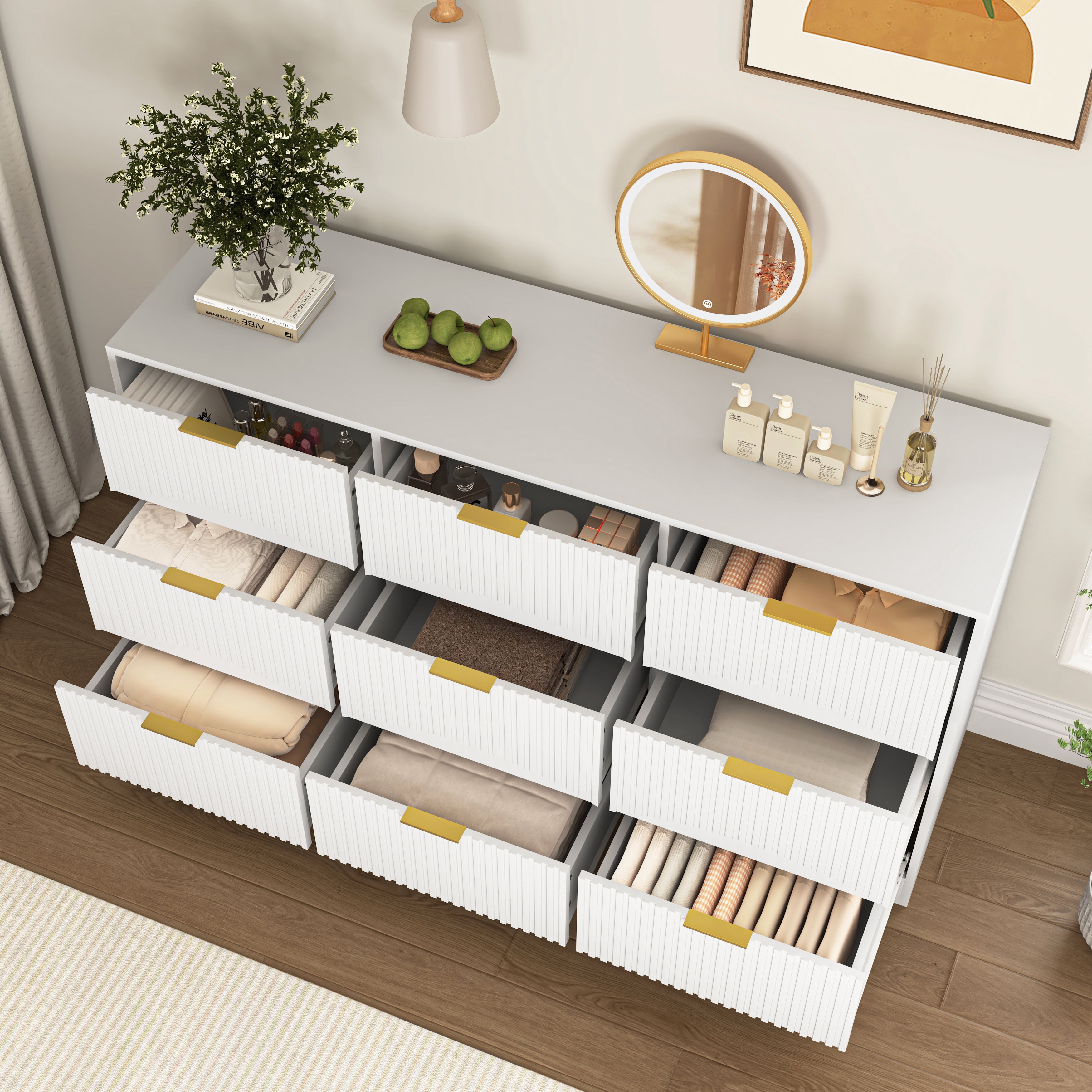 Mintazer 63" Wide Dresser with 9 Drawer, Modern Chest Cabinet with Wavy Fluted Panel & Gold Metal Handles for Bedroom Entryway, White