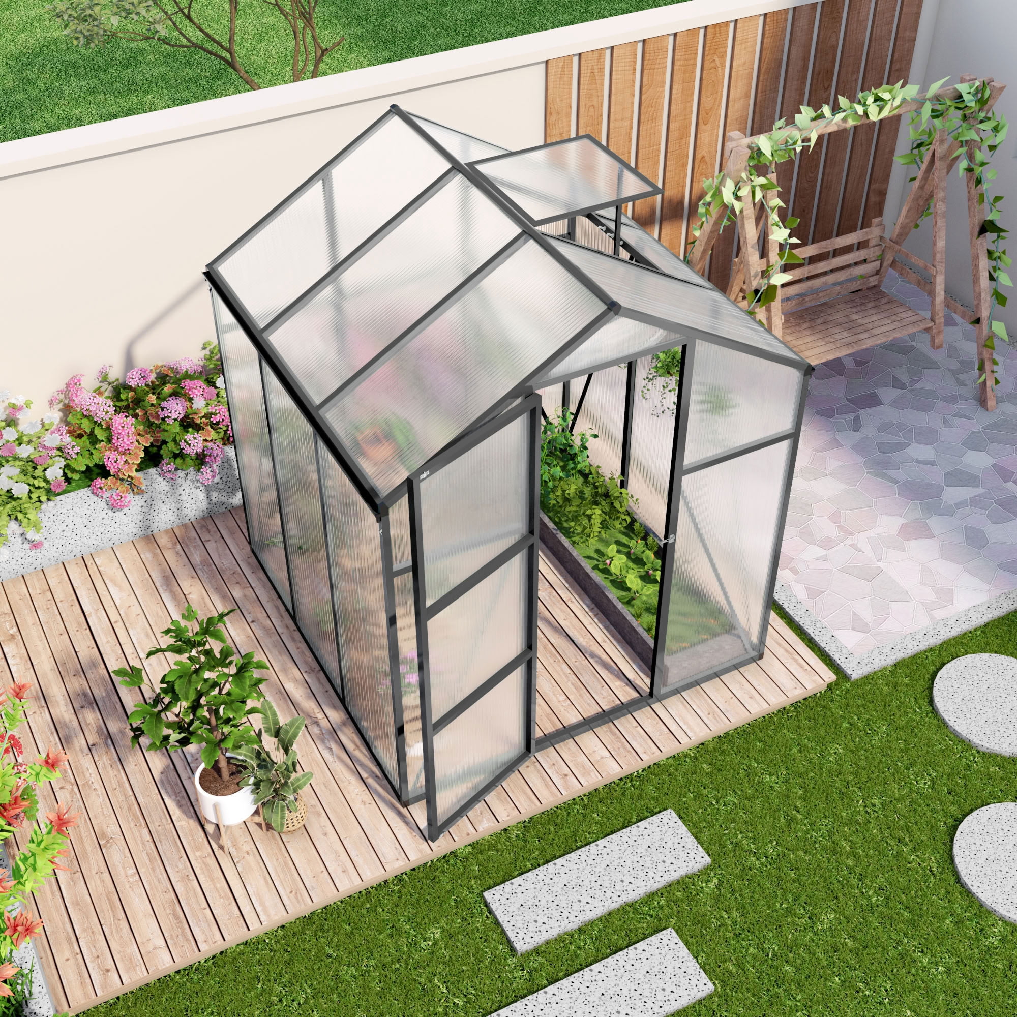 MAYEERTY 6x6 FT Walk-in Greenhouse with Raised Base, Aluminum Frame, All-Season Windproof Outdoor Greenhouse