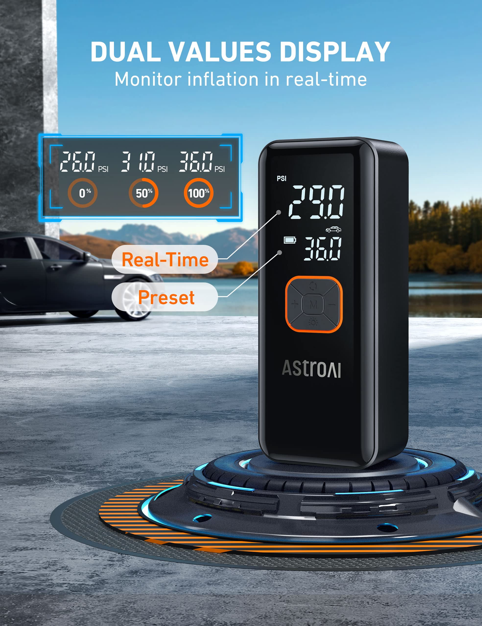 AstroAI L2 Tire Inflator Portable Air Compressor, Cordless Car Tire Pump with 6600 mAh Battery & DC Cord