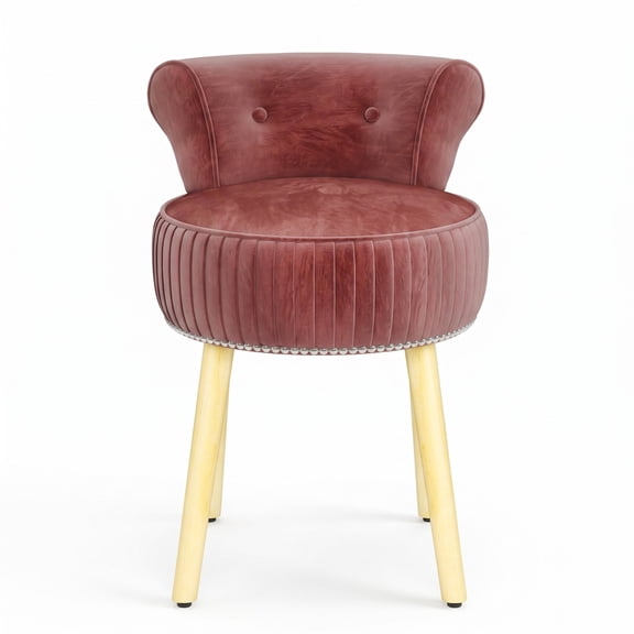 Furnibear Velvet Vanity Stool with Back, Upholstered Vanity Chair with Tufted Low Back and Solid Wood Legs for Bedroom, Pink