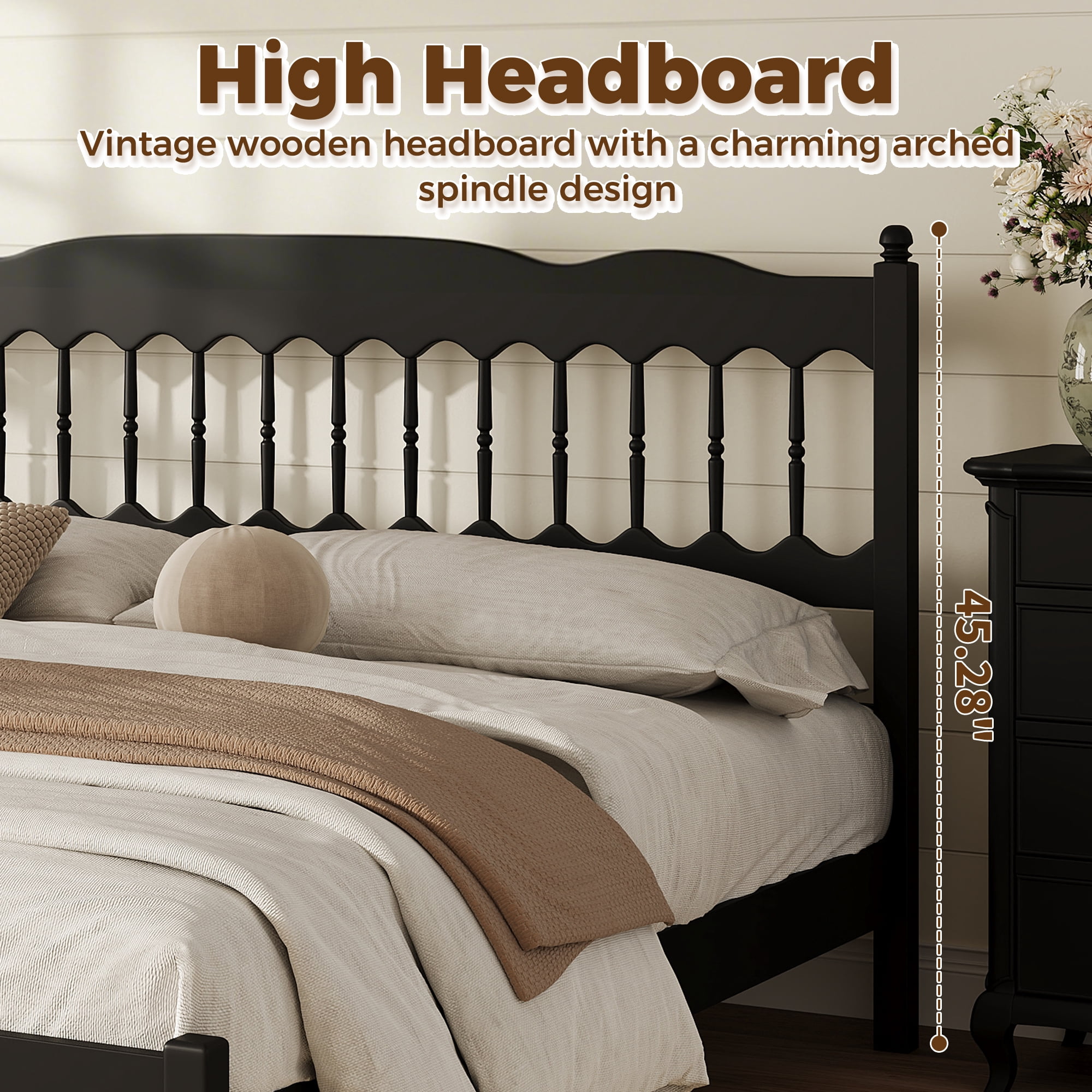 Mintazer Farmhouse King Platform Bed with Spindle Headboard, Vintage Arched Slat Platform Bed Frame for Bedroom, No Box Spring Required, Black