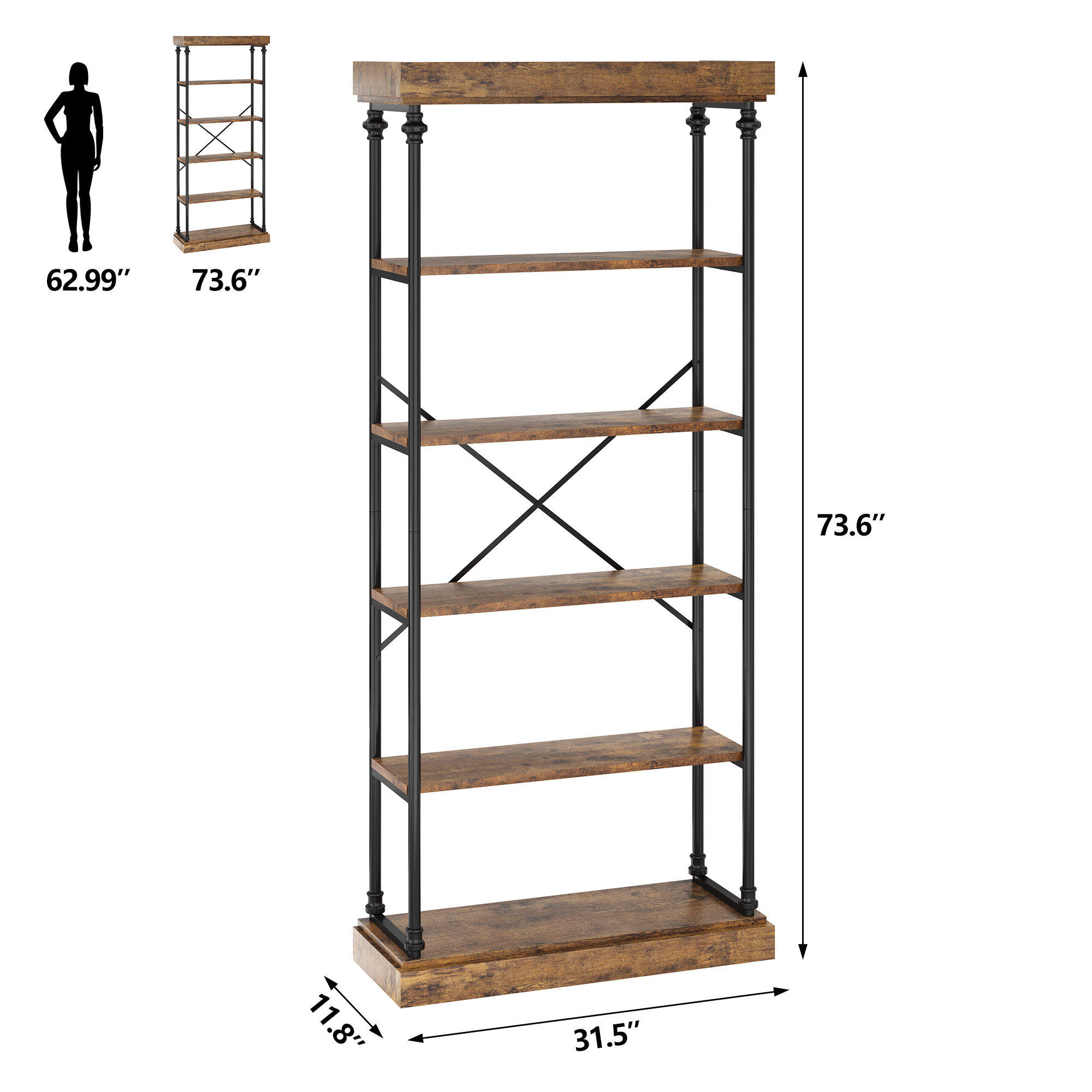 Industrial Bookshelf Wood Bookcase 6 Tier Storage Open Rack Shelf With Metal Frame Rustic Tall