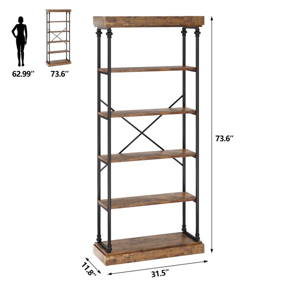 Ourlova Industrial Bookshelf Wood Bookcase 6 Tier Storage Open Rack Shelf with Metal Frame Rustic Tall Standing Bookshelves Large Grey Display Rack Home Office