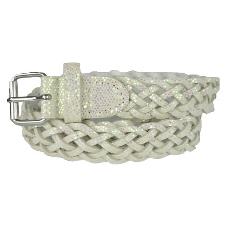 Braided Metallic Leather Belt - Girls Belt - Colorful Metallic Glitter Braided Faux Leather Belt for Kids by Belle Donne - White X-Large