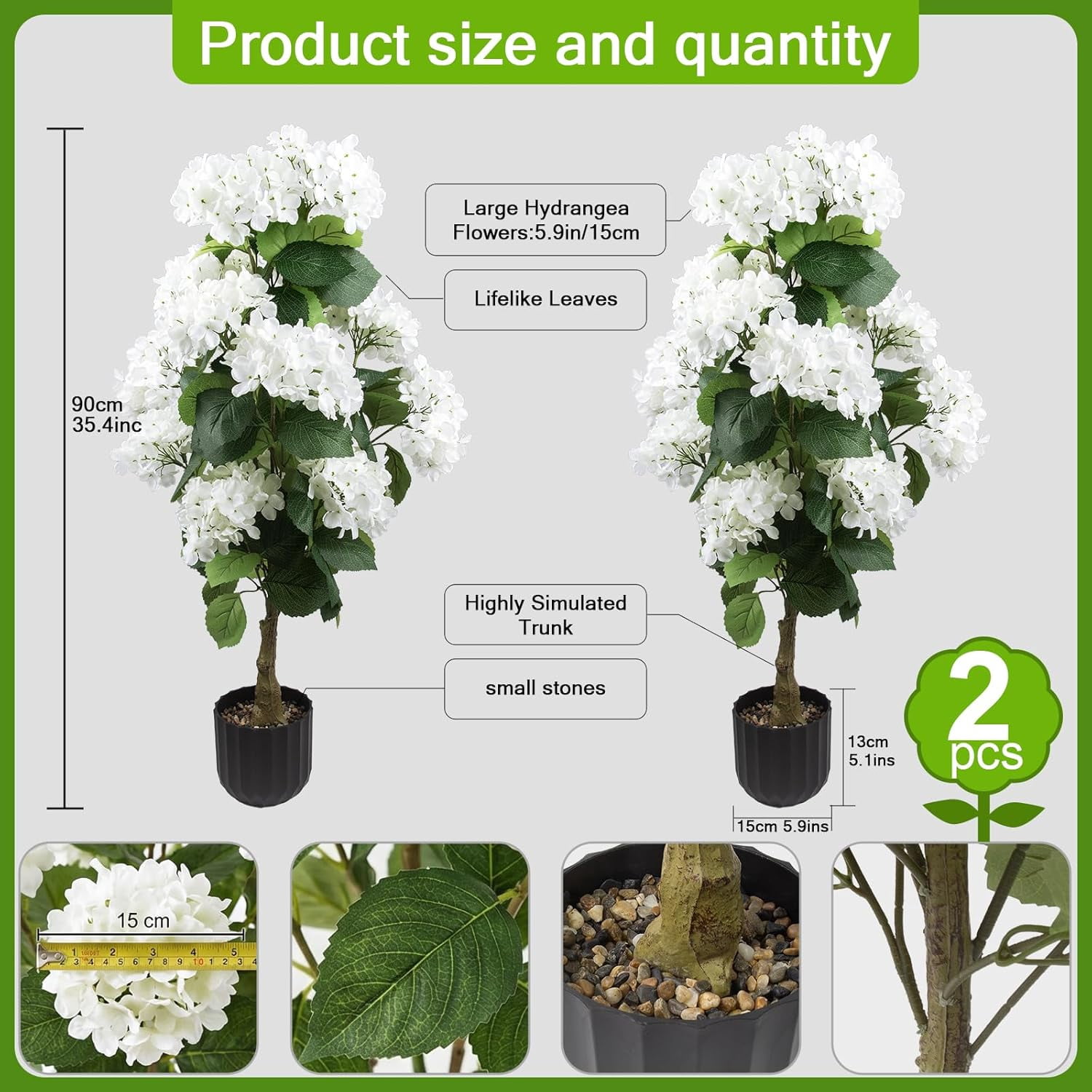 2Pcs 3-Foot Artificial Hydrangea Tree White and Evergreen Leaves Suitable for Indoor and Outdoor Bonsai Decoration