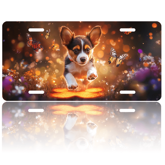 1 Pcs 2D Flat License Plate Covers & Frames, A Puppy with Butterflies For Decorative Front, Waterproof For Decoration Aluminum License Plate Covers & Frames Cover For Men Women, 12" X 6"