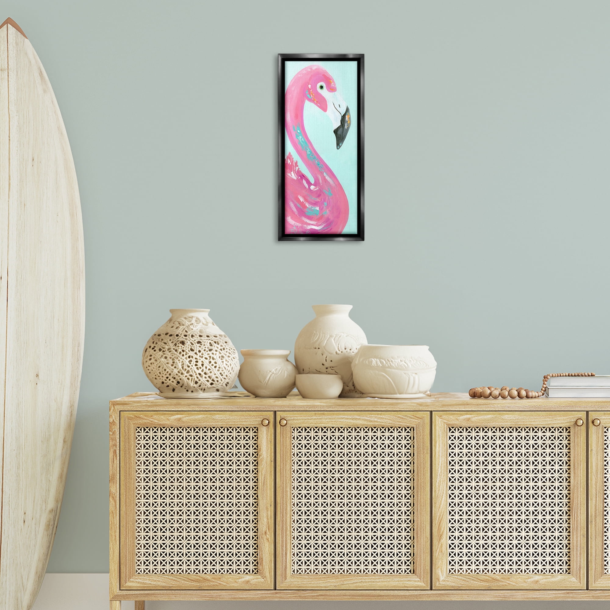 Stupell Industries Odd Flamingo Portrait Animals & Insects Painting Black Floater Framed Art Print Wall Art, 11 x 25
