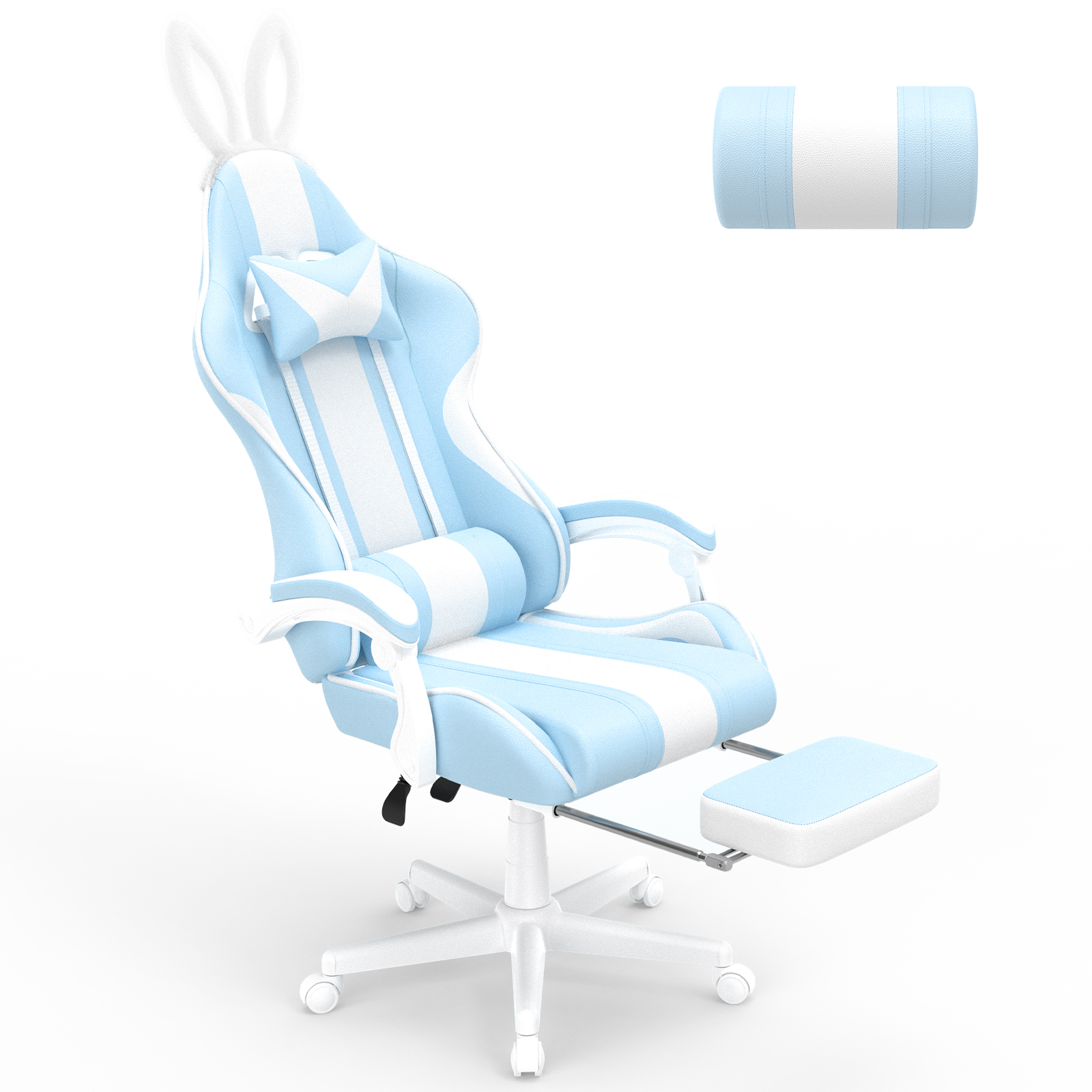 SOONTRANS Blue Gaming Chair, High Back Gamer Chair with Footrest, Reclining Adjustable Game Office Chairs Massage Pillows for Girl Gift Present
