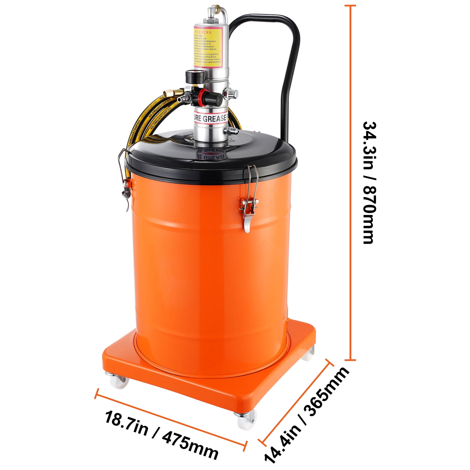 KFFKFF 10.5 Gallon 40L Air-Powered Grease Pump with 13 ft High-Pressure Hose and Grease Gun, Mobile Pneumatic Grease Bucket with Wheels, 50:1 Pressure Ratio for Efficient Lubrication