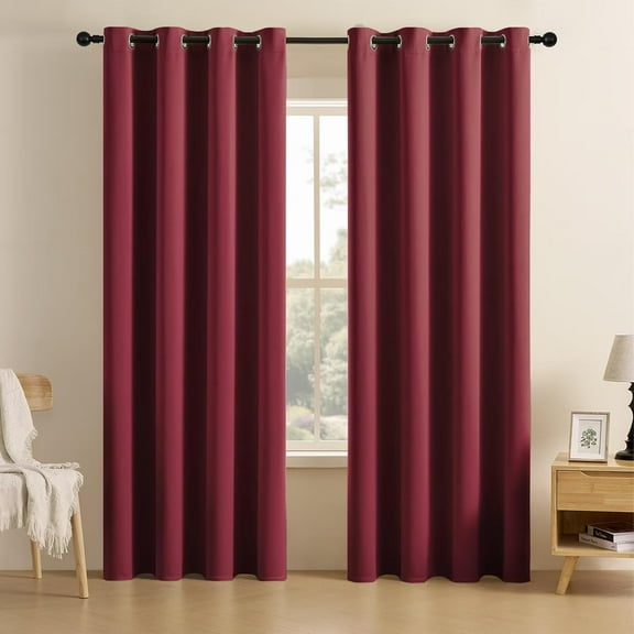 FSCIDA-Burgundy Red Blackout Curtains 90 inch Length 2 Panels Set, Room Darkening Drapes for Living Room Bedroom, Thermal Insulated Light Blocking Grommet Window Curtain (W52 x L90 Inch)