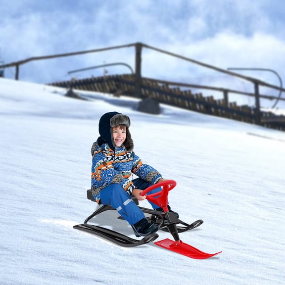 Snow Racer Sled w/ 2 Serrated Foot Brakes 220.5lbs Load Black red Kids Adults